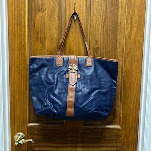 Tory Burch navy and brown large leather tote bag